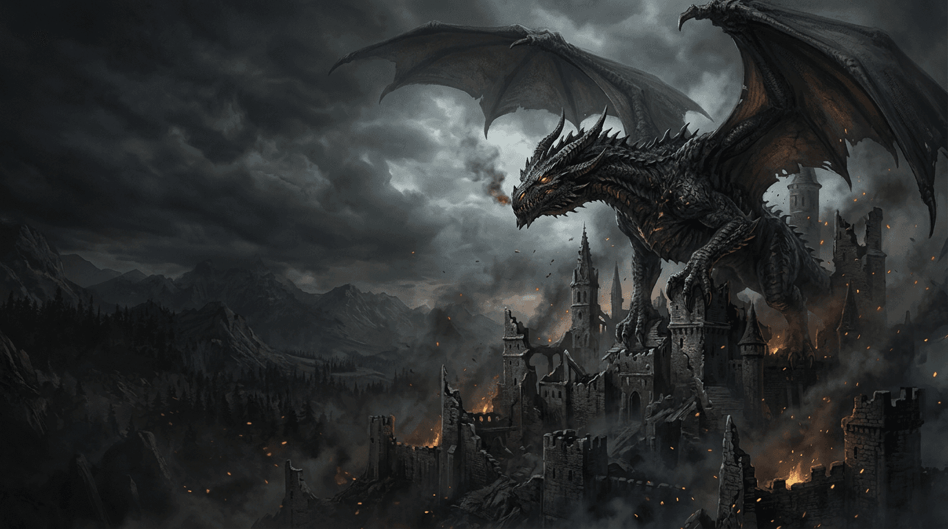 Un dragón colosal sobre las ruinas de un castillo